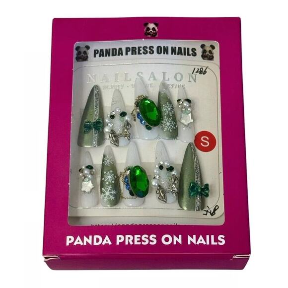 PANDA PRESS ON NAILS Wicked Green Jade Gems Rhinestones Bows Pearls Full Set - Picture 1 of 5